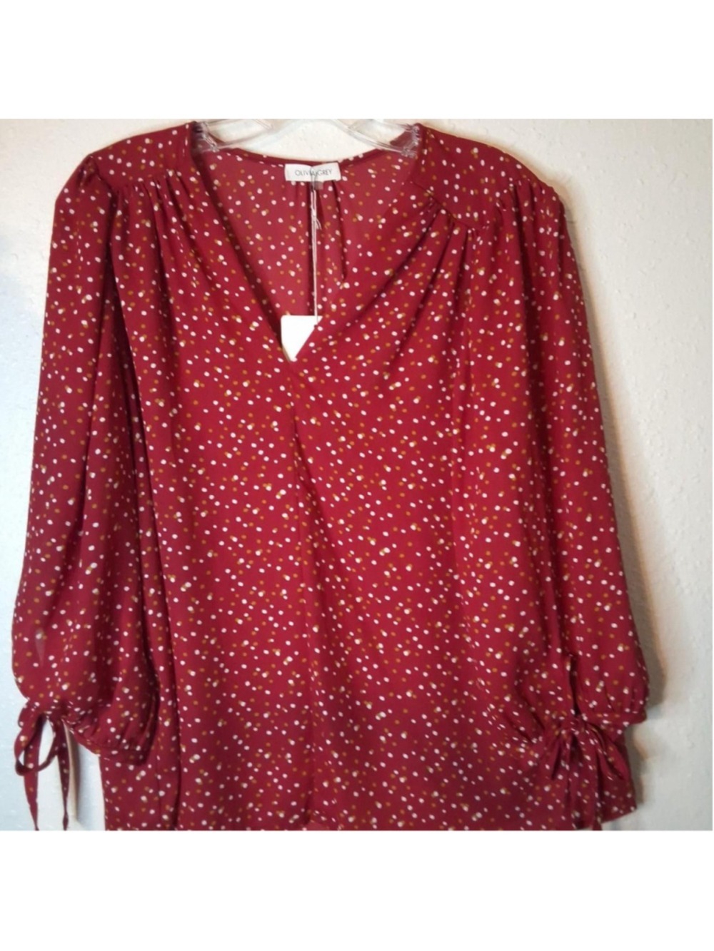 NWT Olivia Gray Rust Red Polka Dot Blouse Size Large 3/4 Tie Sleeves